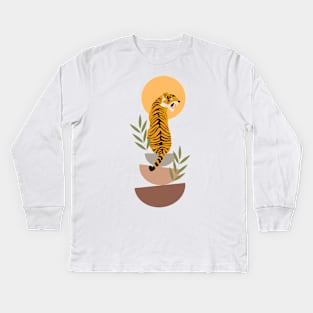 Tiger and sun - boho art Kids Long Sleeve T-Shirt